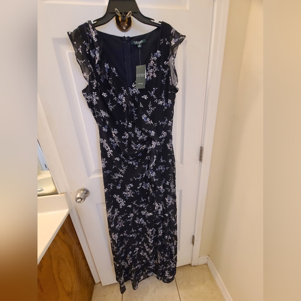 Ralph Lauren floral georgette dress, size 8, navy/multi NWT